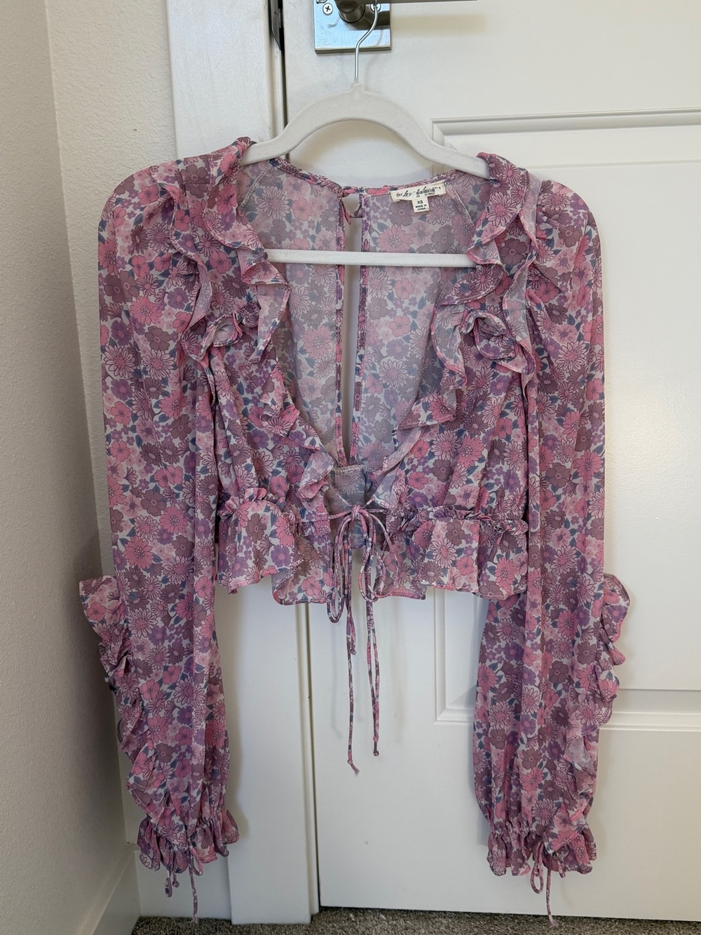 For Love And Lemons Pink Floral Ruffle Tie-Front Blouse